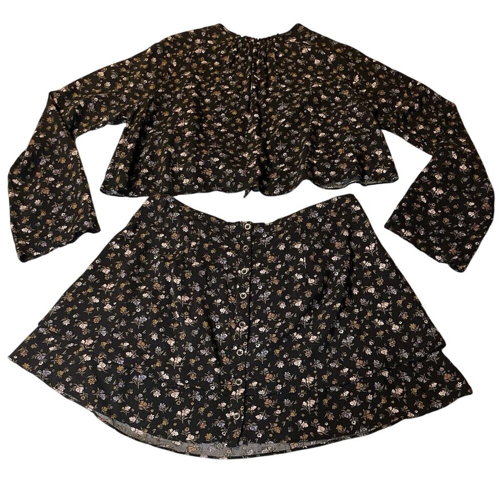 Free People Set Black Floral Long Sleeve Top Mini Ruffle Skirt Small Cottagecore